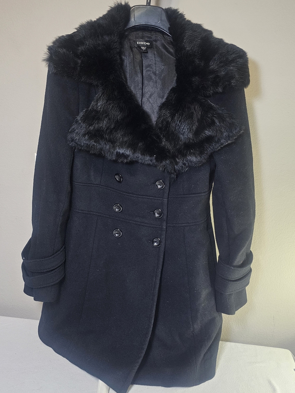bebe Black Double-Breasted Pea Coat with Faux Fur Collar